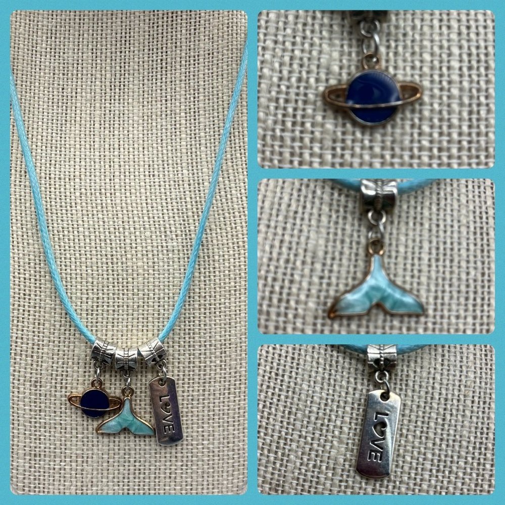 Triple Charm Necklace Saturn Planet Whale Tail LOVE Heart Silver Turquoise Blue